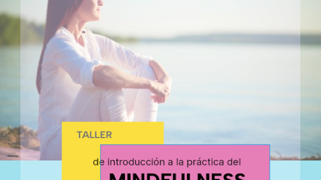 Cartel del taller con la imagen de una mujer en estado de presencia en la playa