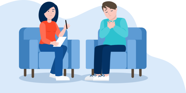 Psicóloga hablando con un paciente sentado en dos butacas